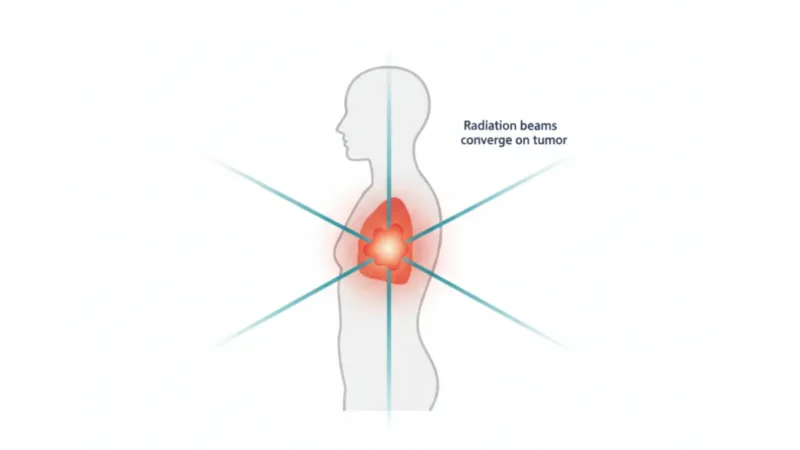Radiation Therapy beams converging precisely on a chest tumor inside human body anatomy diagram