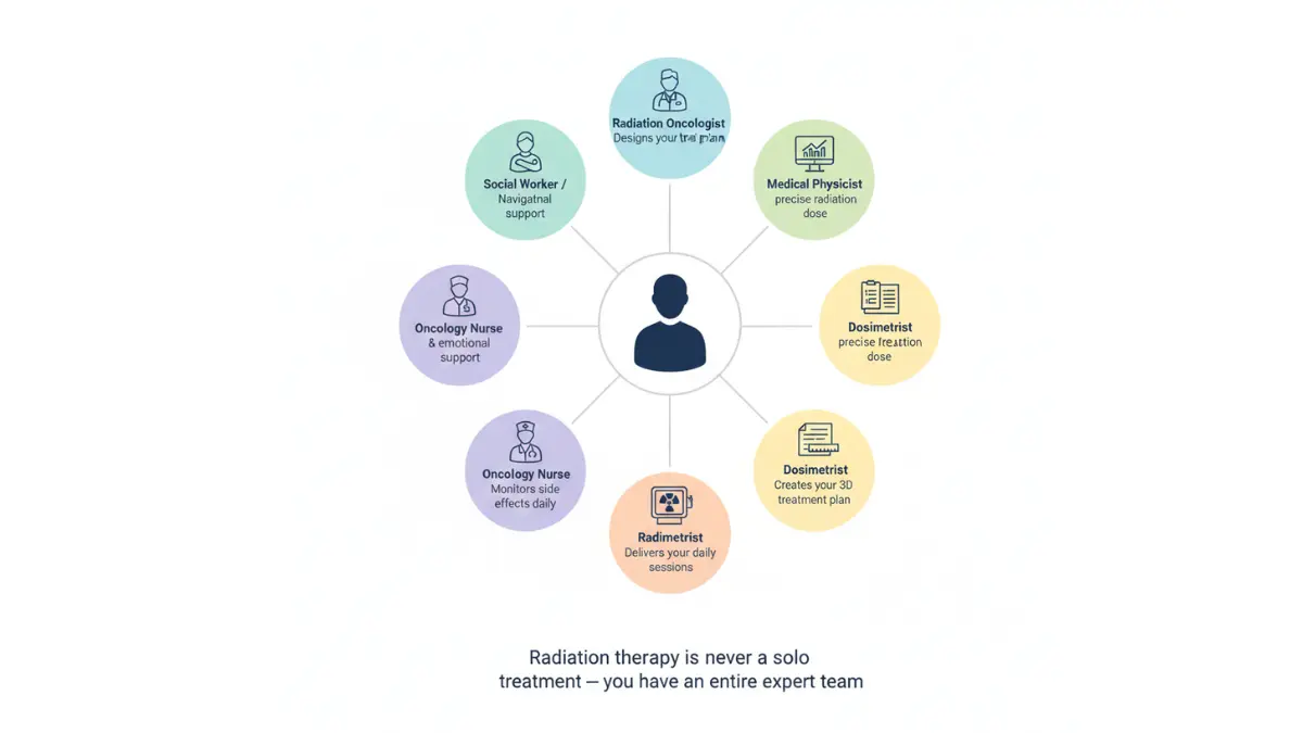 Radiation Therapy multidisciplinary care team diagram showing oncologist physicist therapist nurse and support staff