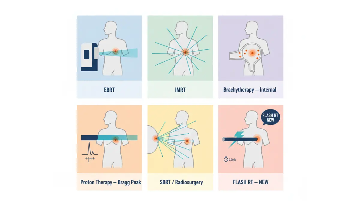 Radiation Therapy types comparison diagram showing EBRT IMRT brachytherapy proton SBRT and FLASH techniques