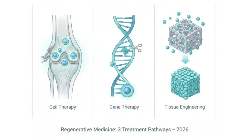 Medical anatomy diagram showing the three pillars of Regenerative Medicine — cell therapy, gene therapy, and tissue engineering pathways