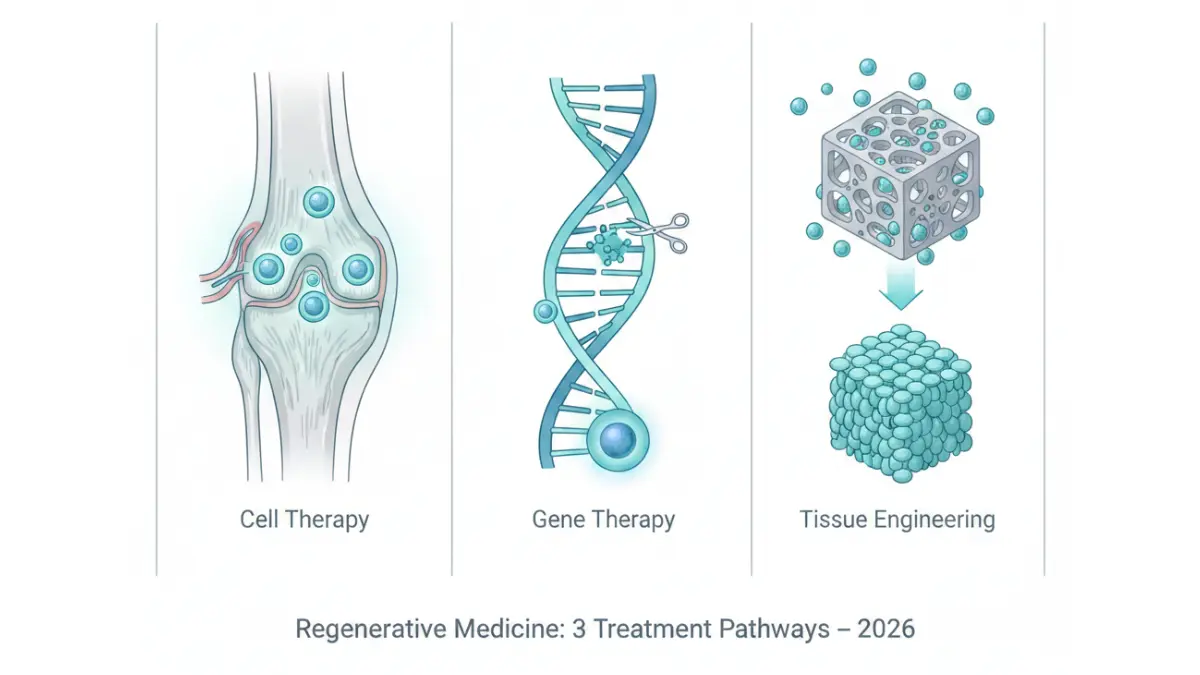 Medical anatomy diagram showing the three pillars of Regenerative Medicine — cell therapy, gene therapy, and tissue engineering pathways