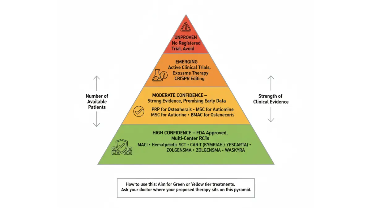 Medical evidence pyramid showing confidence levels of Regenerative Medicine treatments from FDA-approved therapies to unproven experimental procedures