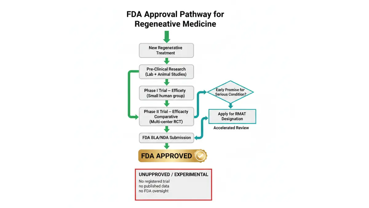 Regulatory flowchart showing the FDA approval pathway for Regenerative Medicine therapies including clinical trials, RMAT designation, and approved versus unapproved treatments
