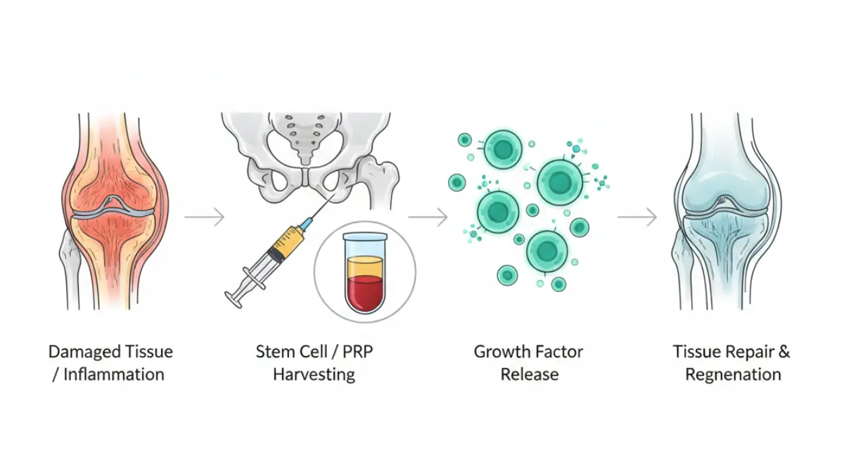 Step-by-step medical anatomy diagram explaining how Regenerative Medicine repairs damaged tissue through cell harvesting, growth factor release, and regeneration