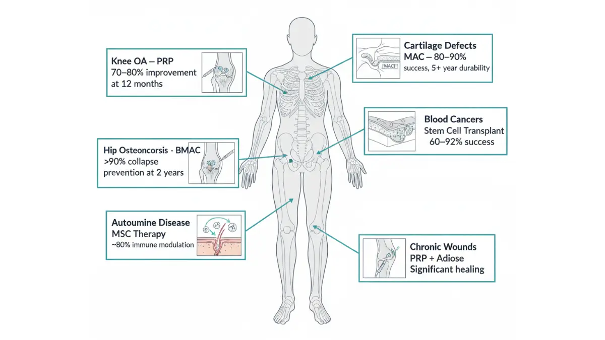 Medical body map showing Regenerative Medicine success rates by body region including knee, hip, cartilage, blood disorders, autoimmune disease, and wound healing