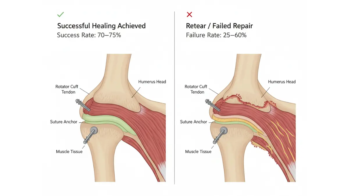 Shoulder surgery rotator cuff repair comparison showing successful healing versus failed repair and retear anatomy