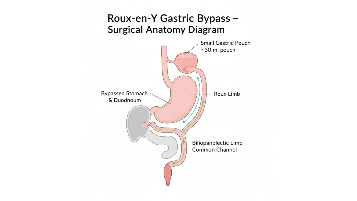 Bariatric surgery medical diagram of Roux-en-Y gastric bypass showing small stomach pouch and intestinal rerouting