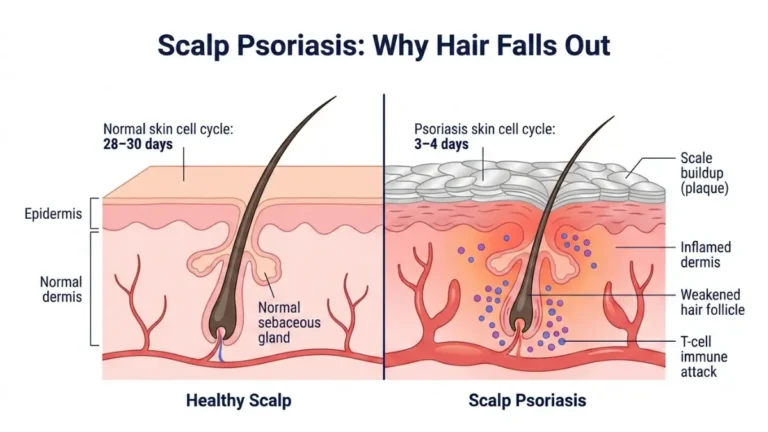 Scalp Psoriasis cross-section showing healthy scalp vs psoriatic plaque inflammation and weakened hair follicle