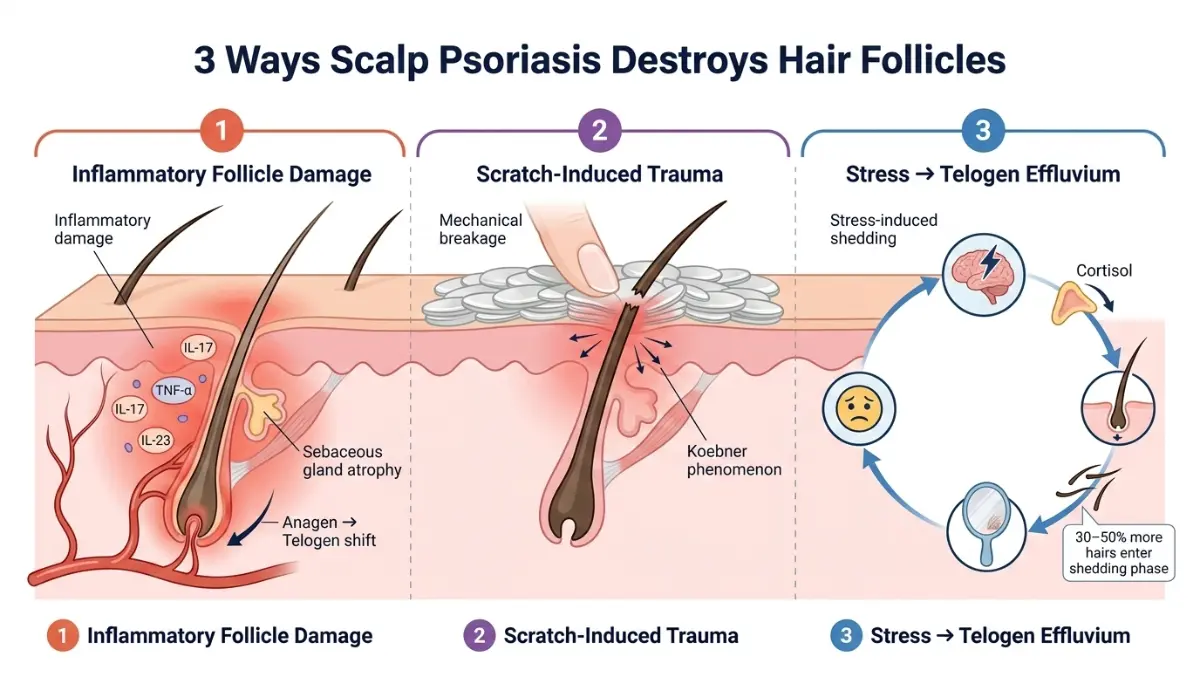 Scalp Psoriasis diagram showing inflammatory follicle damage, scratch trauma, and stress-related hair shedding mechanisms