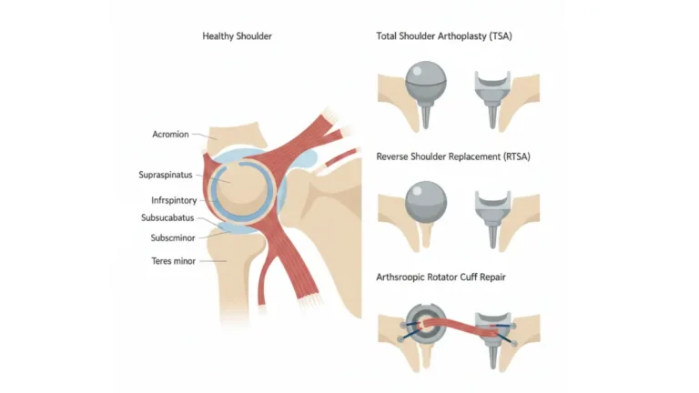 Shoulder surgery anatomy comparison showing healthy shoulder joint versus TSA RTSA and rotator cuff repair procedures