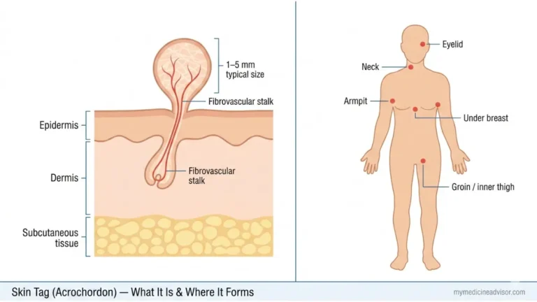 Skin tag anatomy diagram showing acrochordon structure, fibrovascular stalk, skin layers, and common body locations where Skin tag forms