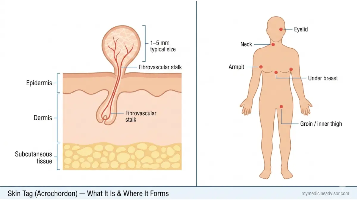 Skin tag anatomy diagram showing acrochordon structure, fibrovascular stalk, skin layers, and common body locations where Skin tag forms