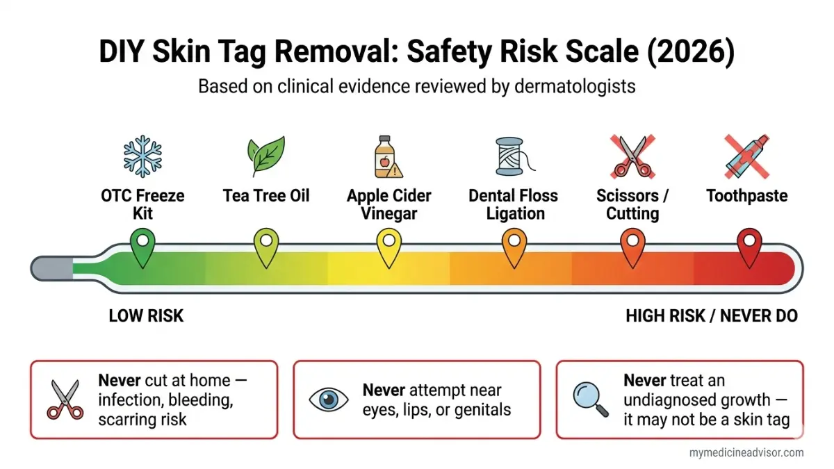 Skin tag DIY removal risk scale showing safe and dangerous home methods for Skin tag including cutting, floss ligation, and OTC treatments