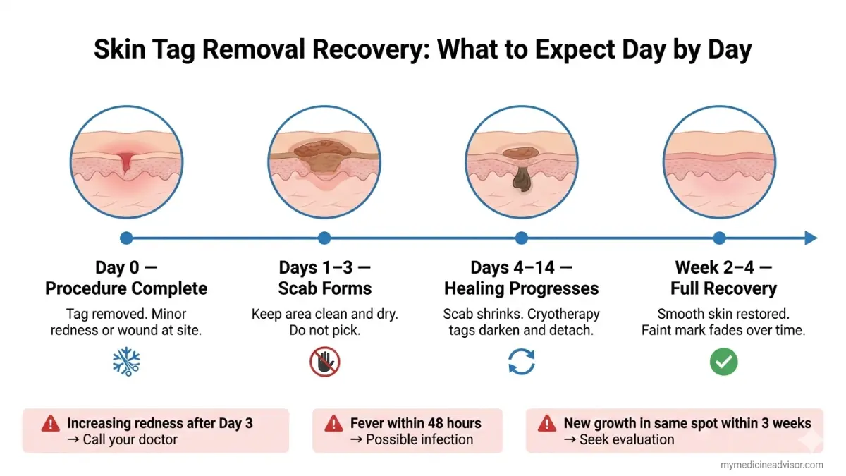 Skin tag removal healing timeline showing recovery stages after Skin tag treatment from procedure day to full skin healing