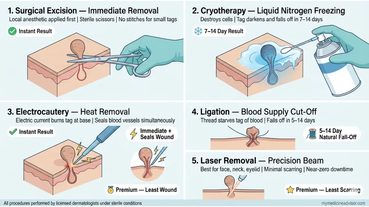 Skin tag removal procedures performed by dermatologists including excision, cryotherapy, electrocautery, ligation, and laser treatment for Skin tag