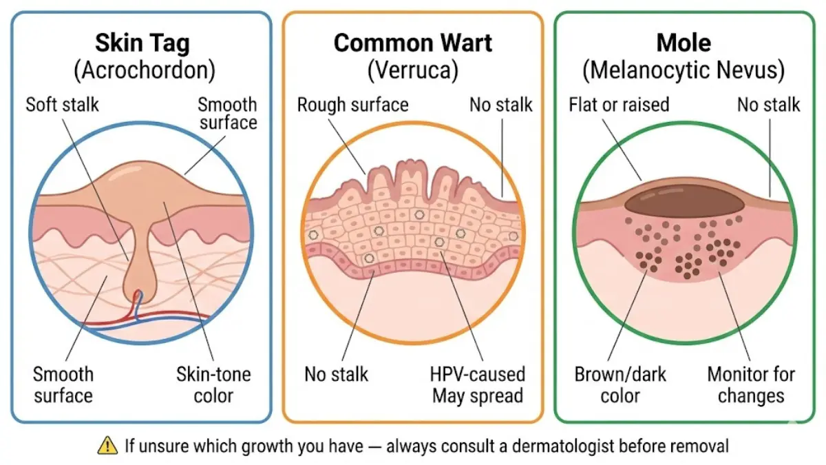 Skin tag vs wart vs mole medical comparison showing differences in structure, surface texture, and causes to identify Skin tag correctly