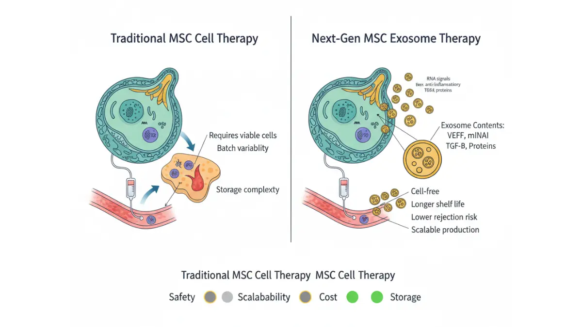 Medical comparison diagram of traditional Stem Cell therapy versus MSC derived exosome therapy showing cellular structures vesicles and signaling molecules