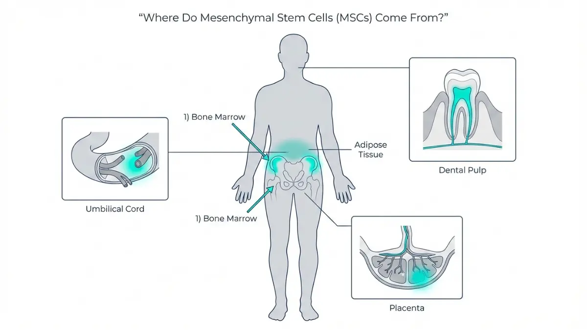 Medical anatomy diagram showing Stem Cell sources including bone marrow adipose tissue umbilical cord dental pulp and placenta in the human body