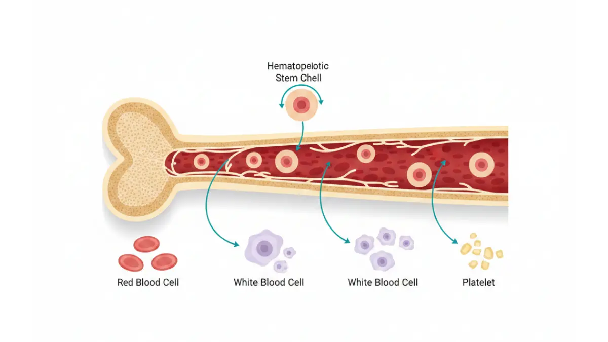 Medical anatomy vector diagram of bone marrow showing hematopoietic stem cell differentiation into blood cells for Stem Cell Therapy