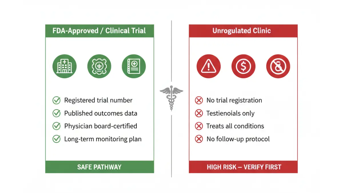 Medical comparison diagram of safe clinical trials versus risky clinics explaining Stem cell therapy results and patient safety pathways