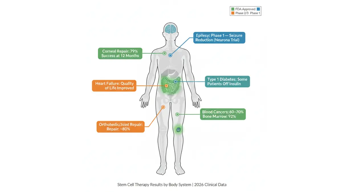 Human anatomy diagram showing Stem cell therapy results and success rates by body system and condition