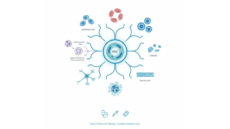 Medical diagram showing stem cell differentiation pathways and Stem cell therapy results across specialized cell types and delivery methods