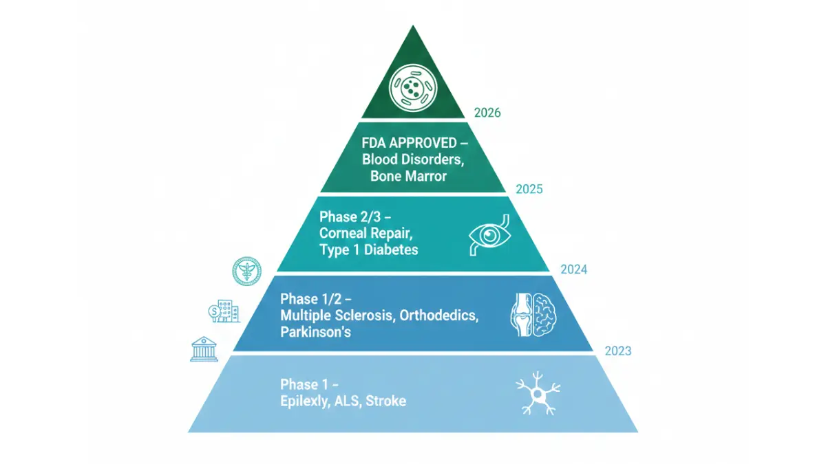 Evidence pyramid diagram showing levels of clinical proof behind Stem cell therapy results from experimental trials to FDA approval