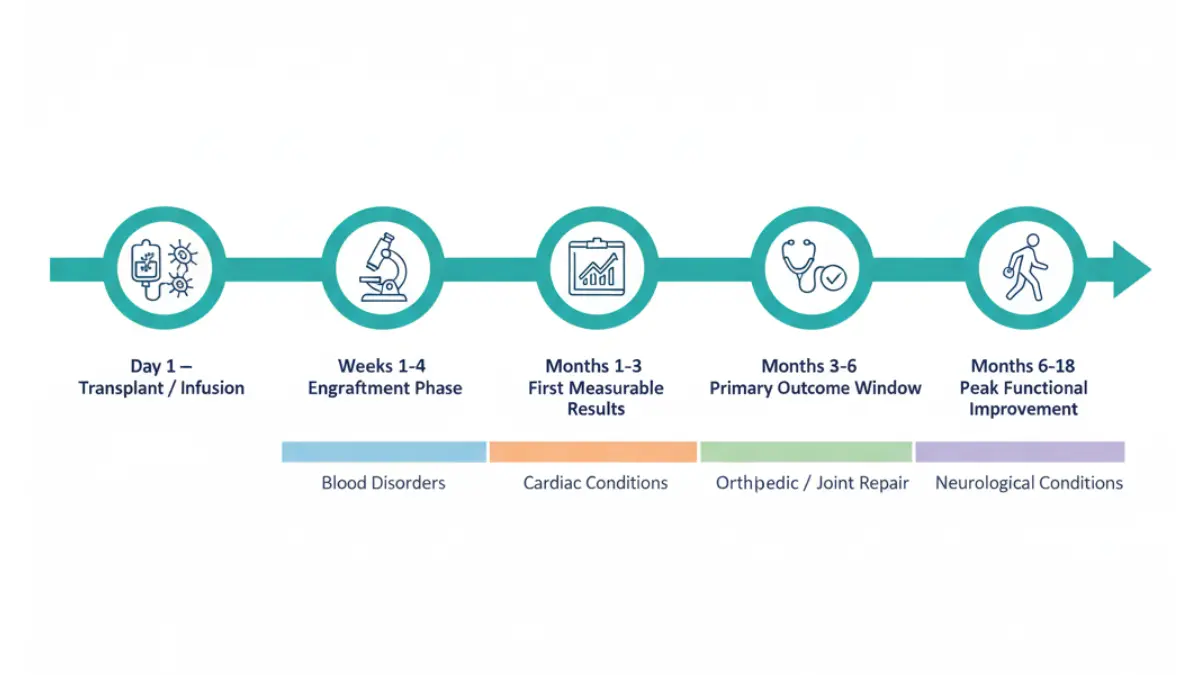 Medical timeline diagram showing how long Stem cell therapy results take to appear from treatment to peak recovery