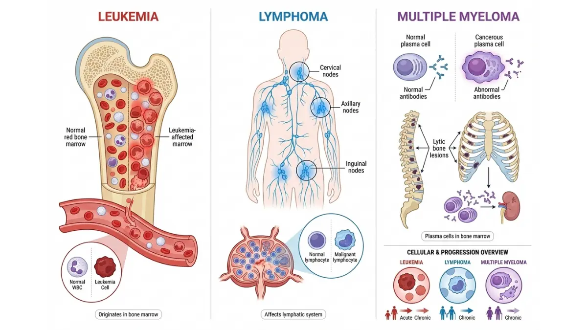Medical comparison diagram showing Blood Cancer types leukemia lymphoma and multiple myeloma with anatomical origins cell differences and affected body areas