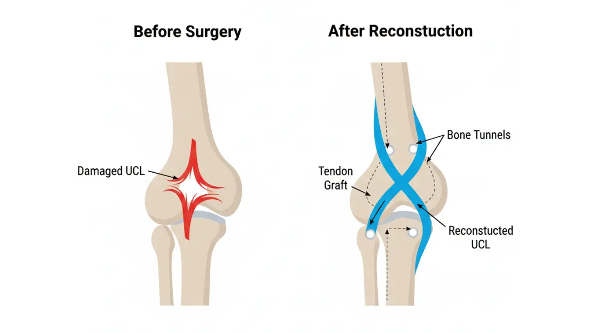UCL Tear surgery diagram showing Tommy John procedure with tendon graft and bone tunnels before and after reconstruction