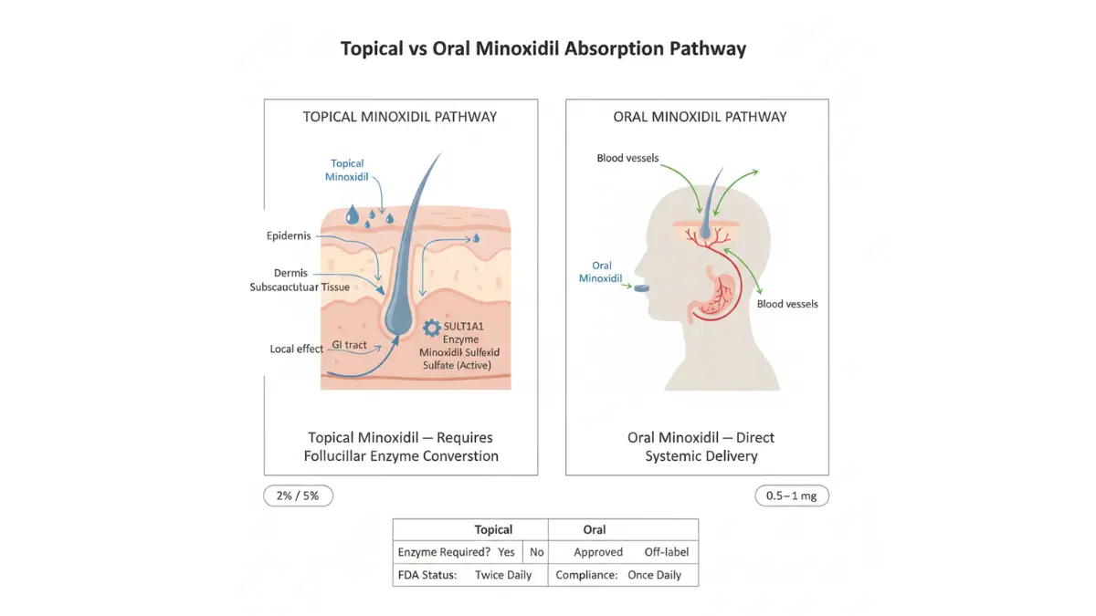 Medical diagram comparing topical scalp absorption and oral systemic delivery routes of minoxidil for women including follicular enzyme conversion and bloodstream transport