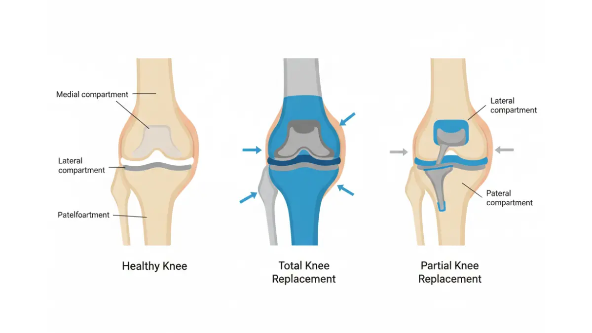 Knee Replacement comparison diagram showing total knee replacement versus partial knee replacement with labeled joint compartments