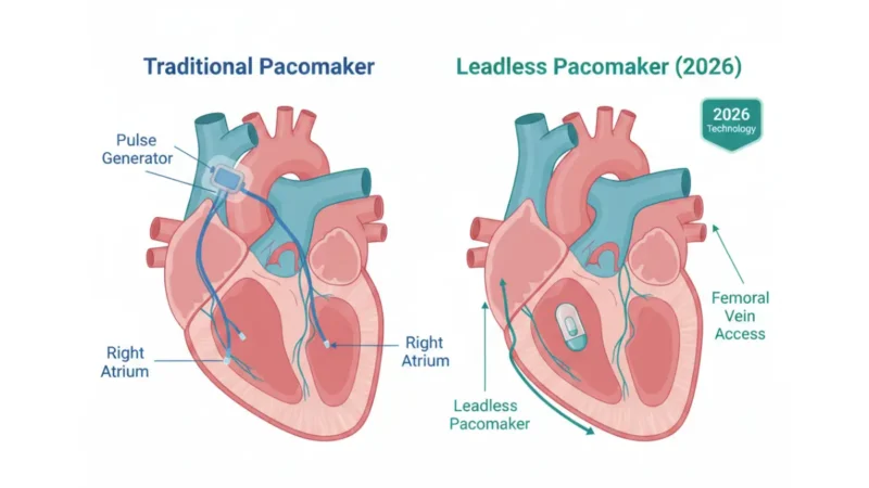 Medical diagram showing traditional pacemaker with leads versus leadless pacemaker implanted in heart ventricle comparison illustration 2026 pacemaker