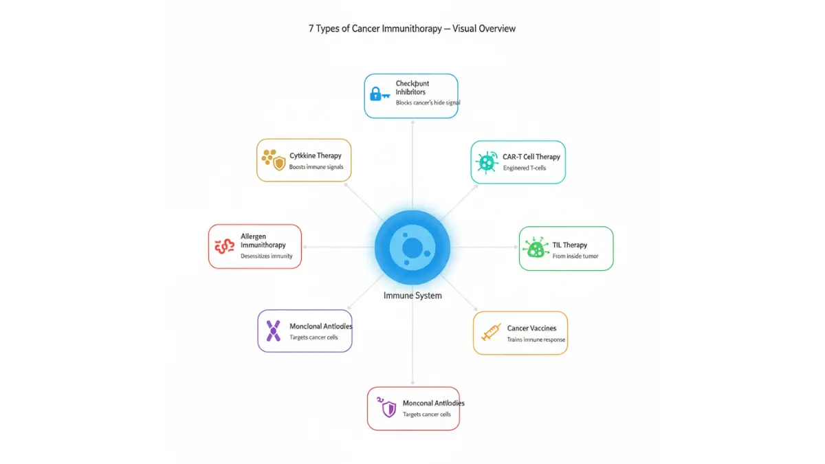 Immunotherapy types infographic showing seven cancer treatment approaches
