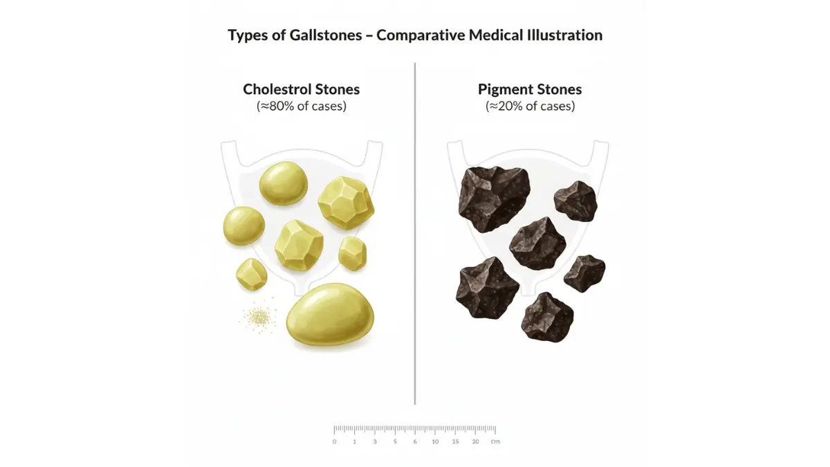 Gallbladder Pain illustration comparing cholesterol gallstones and pigment gallstones with size reference