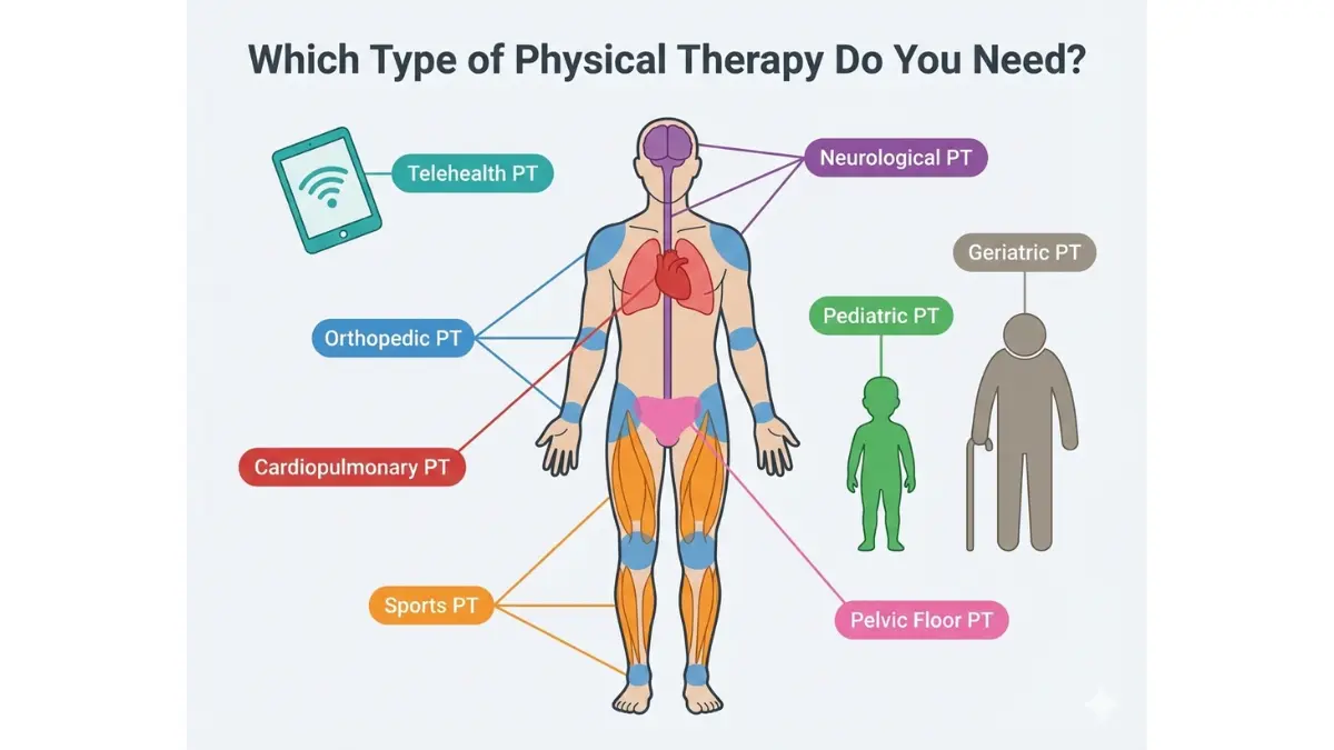 Physical Therapy specialty map anatomy diagram showing orthopedic, neurological, pediatric, geriatric, cardiopulmonary, pelvic floor, sports, and telehealth physical therapy types
