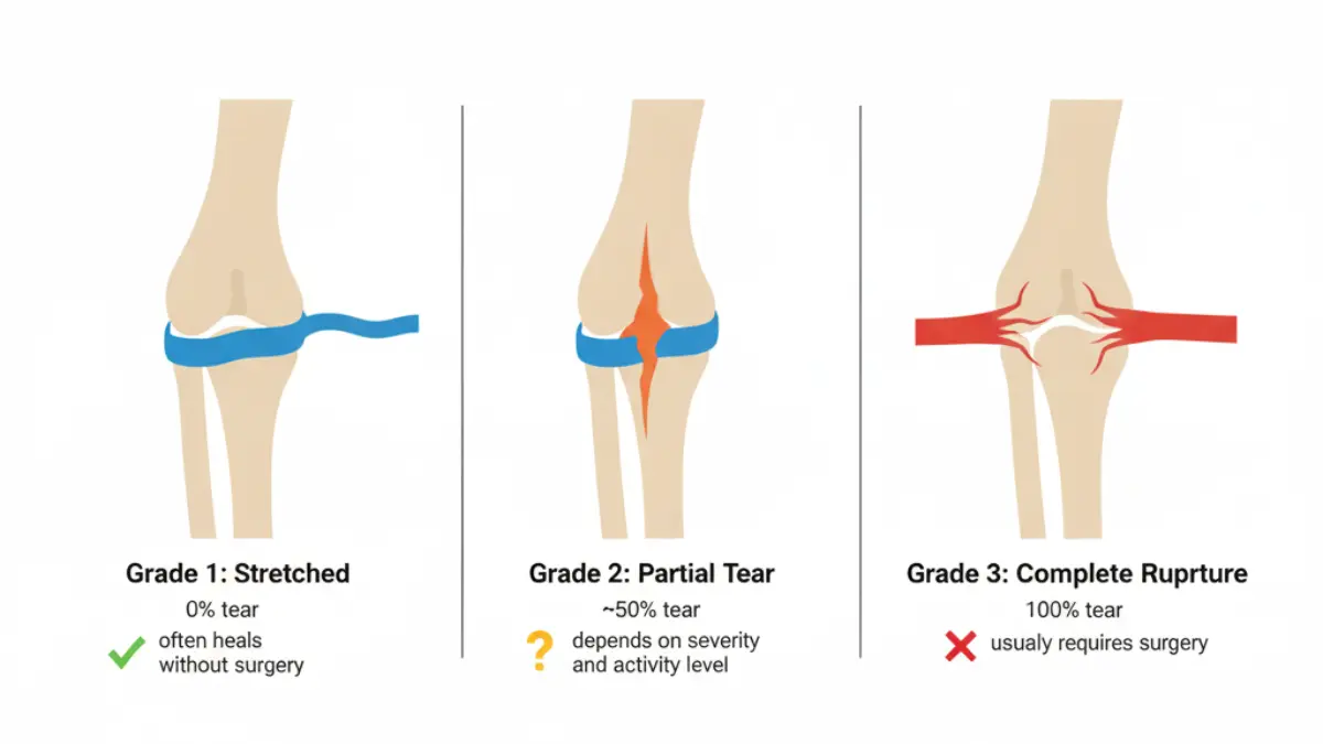 UCL Tear grades comparison diagram showing Grade 1 stretched ligament Grade 2 partial tear and Grade 3 complete rupture medical illustration
