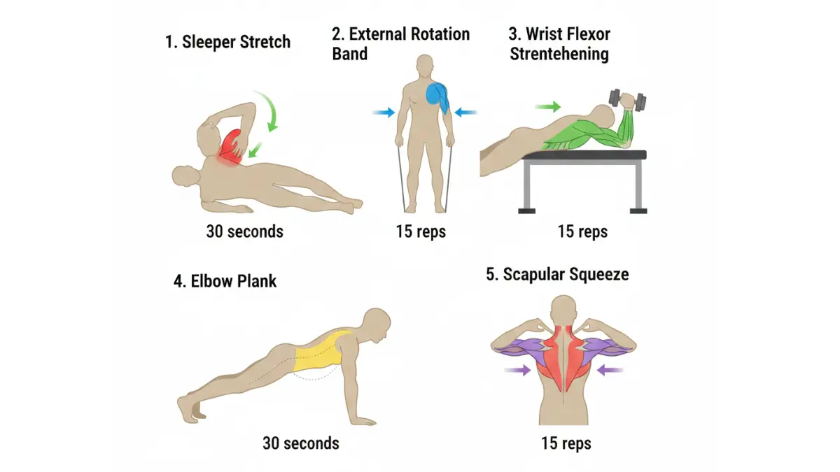 UCL Tear prevention exercises diagram showing sleeper stretch external rotation wrist strengthening plank and scapular squeeze