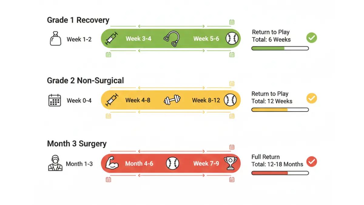 UCL Tear recovery timeline infographic comparing Grade 1 six weeks Grade 2 twelve weeks and Grade 3 twelve to eighteen months