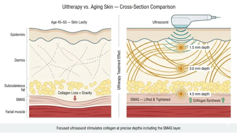 Medical anatomy diagram showing ultherapy effect on aging skin cross-section with SMAS layer lifting and collagen regeneration before and after treatment