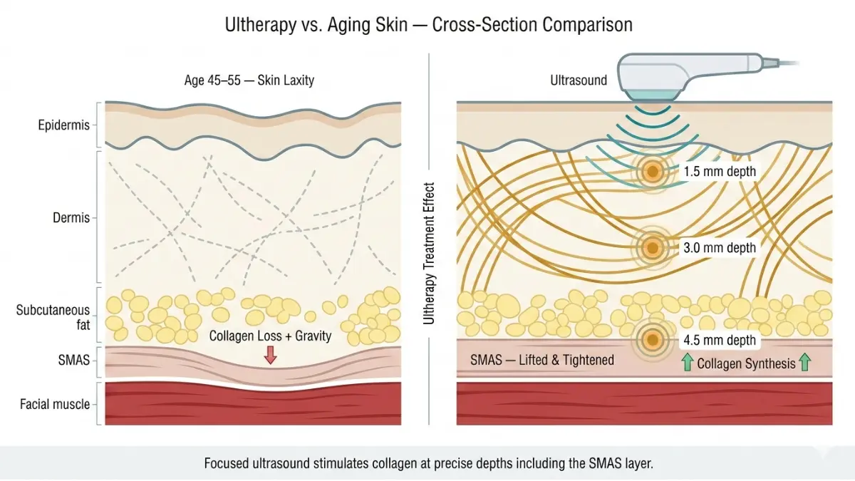 Medical anatomy diagram showing ultherapy effect on aging skin cross-section with SMAS layer lifting and collagen regeneration before and after treatment