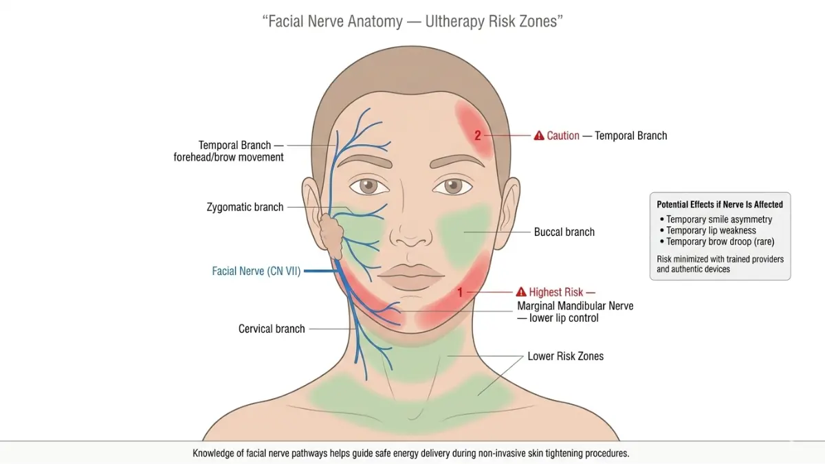 Facial nerve anatomy diagram showing ultherapy risk zones including marginal mandibular nerve and temporal branch areas