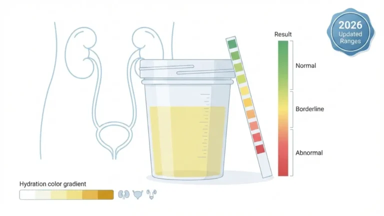 Urine Test Results infographic showing complete urinalysis chart with dipstick parameters, normal and abnormal ranges, urine color guide, and urinary system anatomy