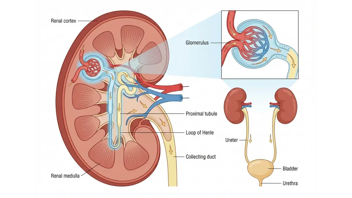 Urine Test Results anatomy diagram showing kidney cross-section, nephron structure, glomerular filtration, and complete urinary system