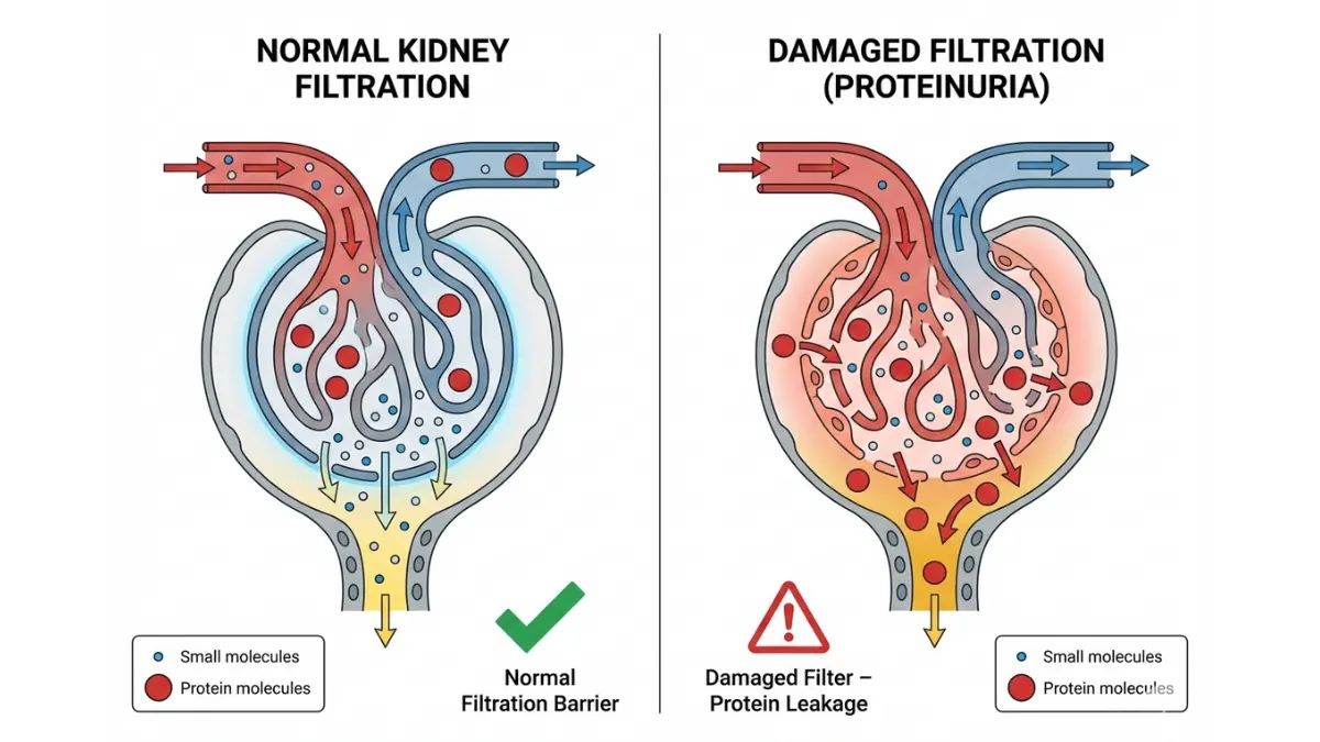 Urine Test Results comparison diagram showing normal kidney filtration versus protein leakage in damaged glomeruli causing proteinuria
