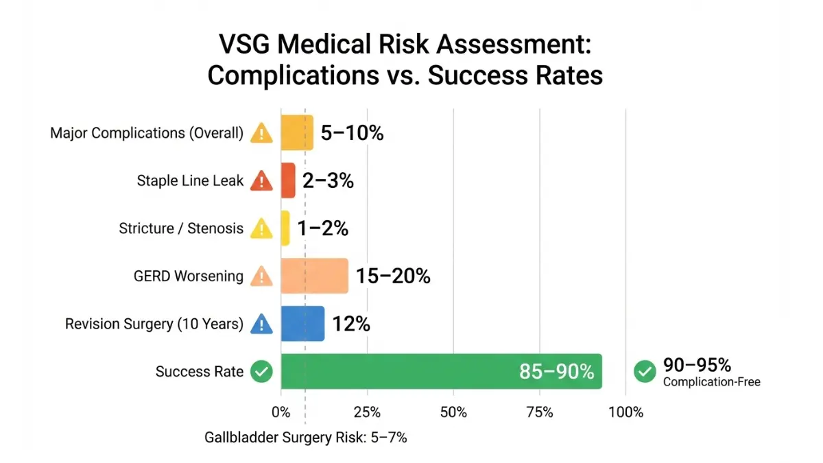 VSG Surgery complication risk chart showing percentage rates for staple line leak stricture GERD and overall success rate