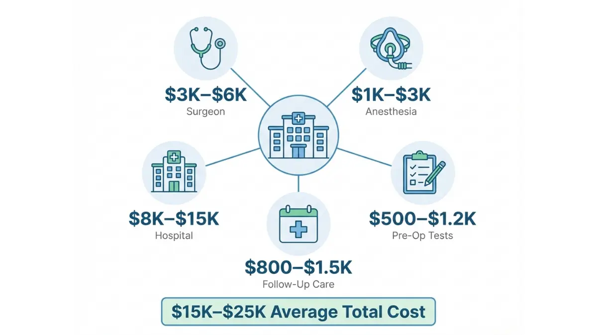 VSG Surgery cost breakdown infographic showing surgeon fees anesthesia hospital facility charges and total expenses
