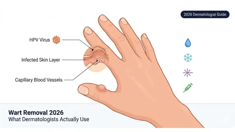 Medical anatomy vector illustration of human hand showing finger wart infection layers and treatment options for wart removal guide 2026