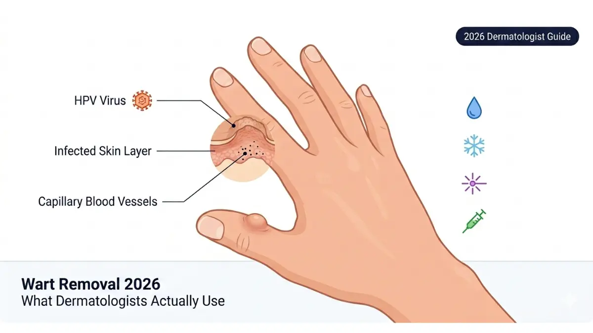 Medical anatomy vector illustration of human hand showing finger wart infection layers and treatment options for wart removal guide 2026