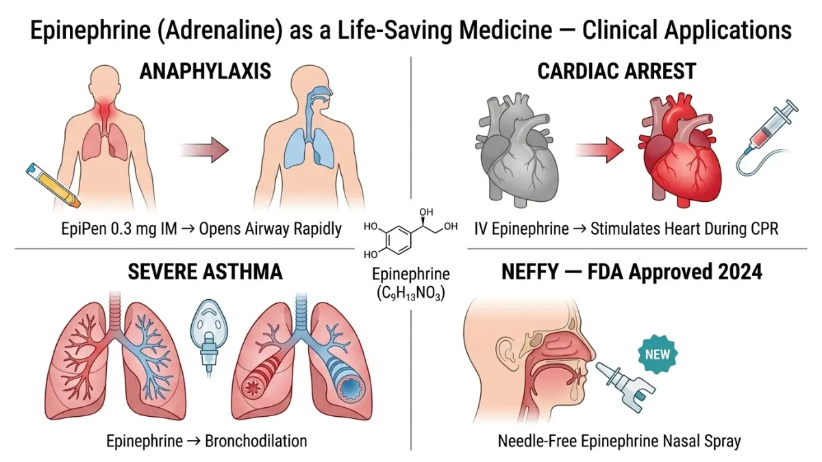 Adrenaline medical uses diagram showing epinephrine treatment for anaphylaxis with EpiPen, cardiac arrest during CPR, severe asthma bronchodilation, and nasal spray epinephrine therapy